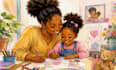 illustrate african american mother and child storybook character