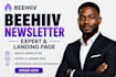 design beehiiv newsletter, landing page, website setup automation