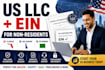 register US llc for non residents, ein, florida or delaware llc