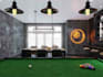 render 3d billiard room design,pool table green felt,basement bar,game lounge