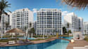 luxury 3d condo apartment, tropical landscape,resort poolside, waterfront render