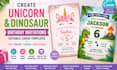 create unicorn and dinosaur birthday invitations, editable canva, party template