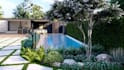 do landscape garden design with backyard design and pool patio 3d rendering
