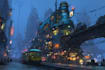 create cinematic sci fi city illustrations