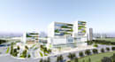 visualize 3d mixed use commercial complex, urban office building, high rise cgi