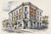 sketch architecture building with watercolor rendering