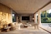 reproduce 3dbiophilic villa,outdoor dining area,open plan layout,poolside render