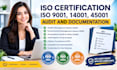 provide iso certification, iso 9001, 14001, 45001 audit and documentation