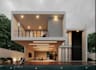 render 3d duplex villa elevation, house landscape with pool, luxury home remodel
