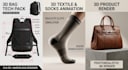 design 3d bag tech pack, 3d textile animation, 3d socks animation, and 3d render