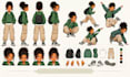 draw a hand drawn character turnaround, poses and expression sheet