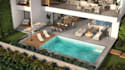aerial render multi villa residential development,pool, 3d plan,garden landscape