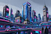 create a cyberpunk sci fi futuristic city illustration