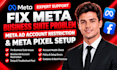 fix meta buiness suite problem, meta ad account restriction and meta pixel setup