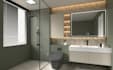redesign bathroom interior,3d layout render,modern vanity,walk in shower,cgi spa