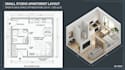plan 2d 3d small studio apartment layout, open plan layout, space optimization