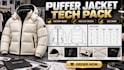 design puffer bomber jacket tech pack with cad flat sketch and size chart