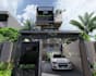 revamp 3d modern townhouse elevation design,  rooftop pergola, balcony rendering