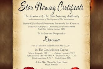 name a Star in the Universe for you and send genuine certificate as jpg