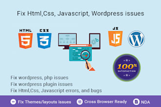 fix any type of HTML, CSS,  javascript, PHP errors and bugs