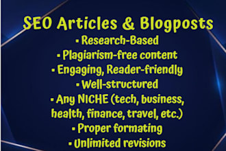 research and write high quality SEO articles, blogposts, and web content