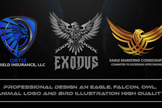 design an eagle, falcon, owl, animal logo and bird illustration high quality