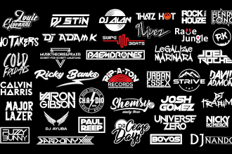 do creative dj logo for music band rap producer, typography urban text any brand