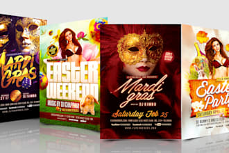 design flyer for mardi gras and easter celebrations