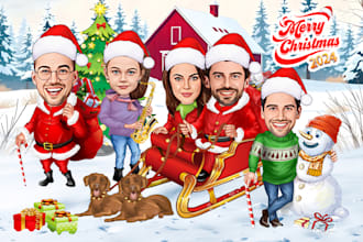create christmas caricature for holiday, family, office gift