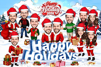 draw a custom winter holiday group caricature for christmas