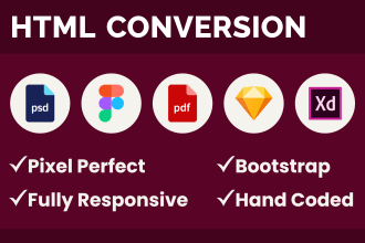 convert psd to html, figma to html, pdf to html, xd to html responsive