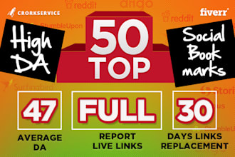 do 50 top social bookmarks with high domain authority, manual work