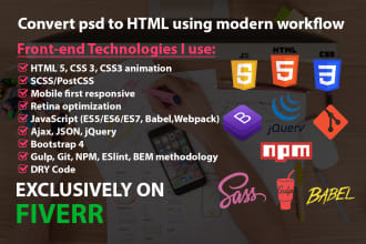 convert PSD, xd, and figma to reactjs using git, npm, gulp, sass, tailwind