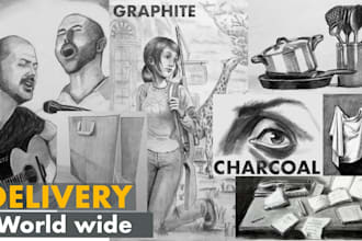 sketch charcoal portrait, pencil, pen or color, hand drawn with video process