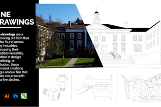 draw line art, line drawings of buildings, and product illustrations