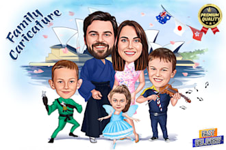 do realistic family caricature from photos, group drawing