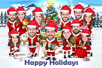 create a christmas caricature, holiday card, winter cartoon