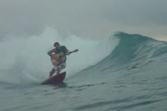 surf a wave holding a sign advertising your business, product, or wording of your choice