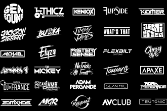 dj music band, 3d rap, hiphop text, brand, producer typography or business logo