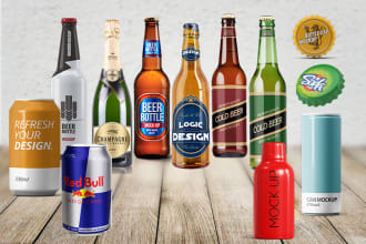 put label on 3d alcohol bottle mockups like beer, energy can