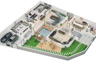 make isometric 3d render floor plan, interior, exterior