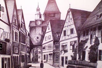 draw a realistic pencil drawing of building, car, landscape, etc