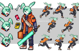 draw pixel art, sprite sheet and 2d character game art