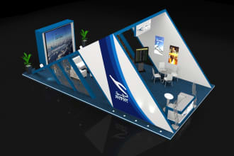 design real 3d exhibition stand, booth, kiosk, event stage and stall
