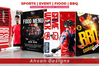 design sports gym, food menu, signage, party epk christmas, church flyer poster