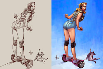 do a cool and pinup illustration in traditional media