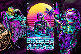 draw illustration with retro 80s vaporwave synthwave cyberpunk