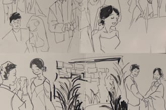 draw cute couple, wedding line art portrait , all hand drawn