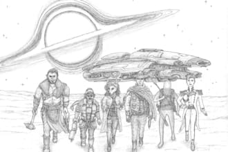 manually draw unique scifi fantasy drawing by pen ink