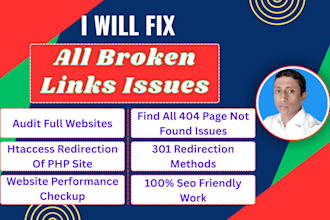 fix broken links, 404 errors, and htaccess redirection of any website